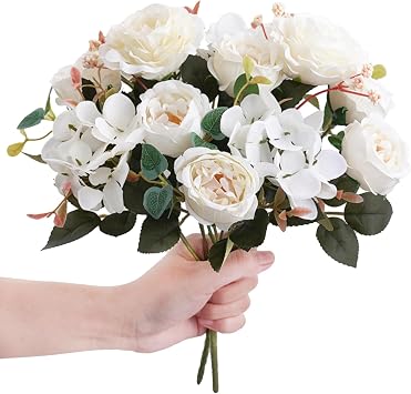 2 Bunches Artificial Roses Flowers 11.4 Inch Faux Peony Hydrangea Bouquet Silk Floral Arrangements for Bridal Wedding Home Vase Decor A
