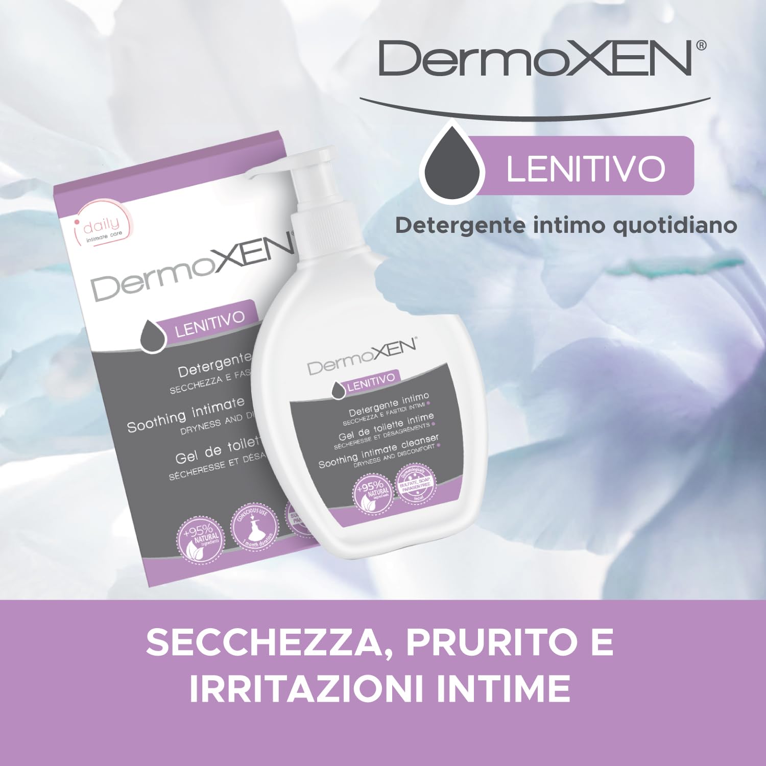 DERMOXEN Detergente Intimo Lenitivo e Idratante per Menopausa | 200ml | Sapone contro secchezza, prurito e arrossamenti. Con aloe vera, fiori di loto e prebiotici. Delicato, per l'uso quotidiano
