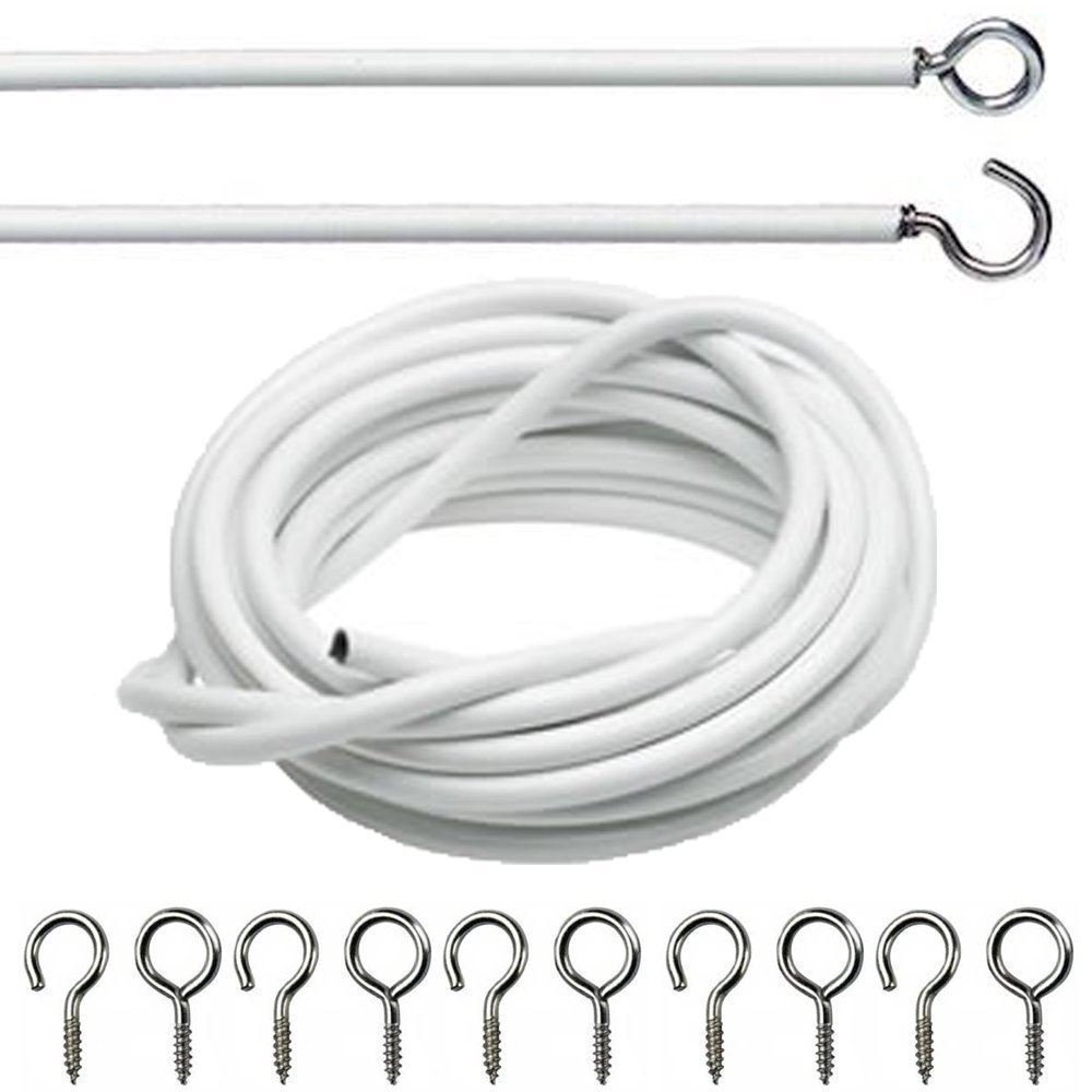 Unibos White 4 Metre Curtain Wire Window Cord Voil Expanding Cable With Free Hooks & Eyes New