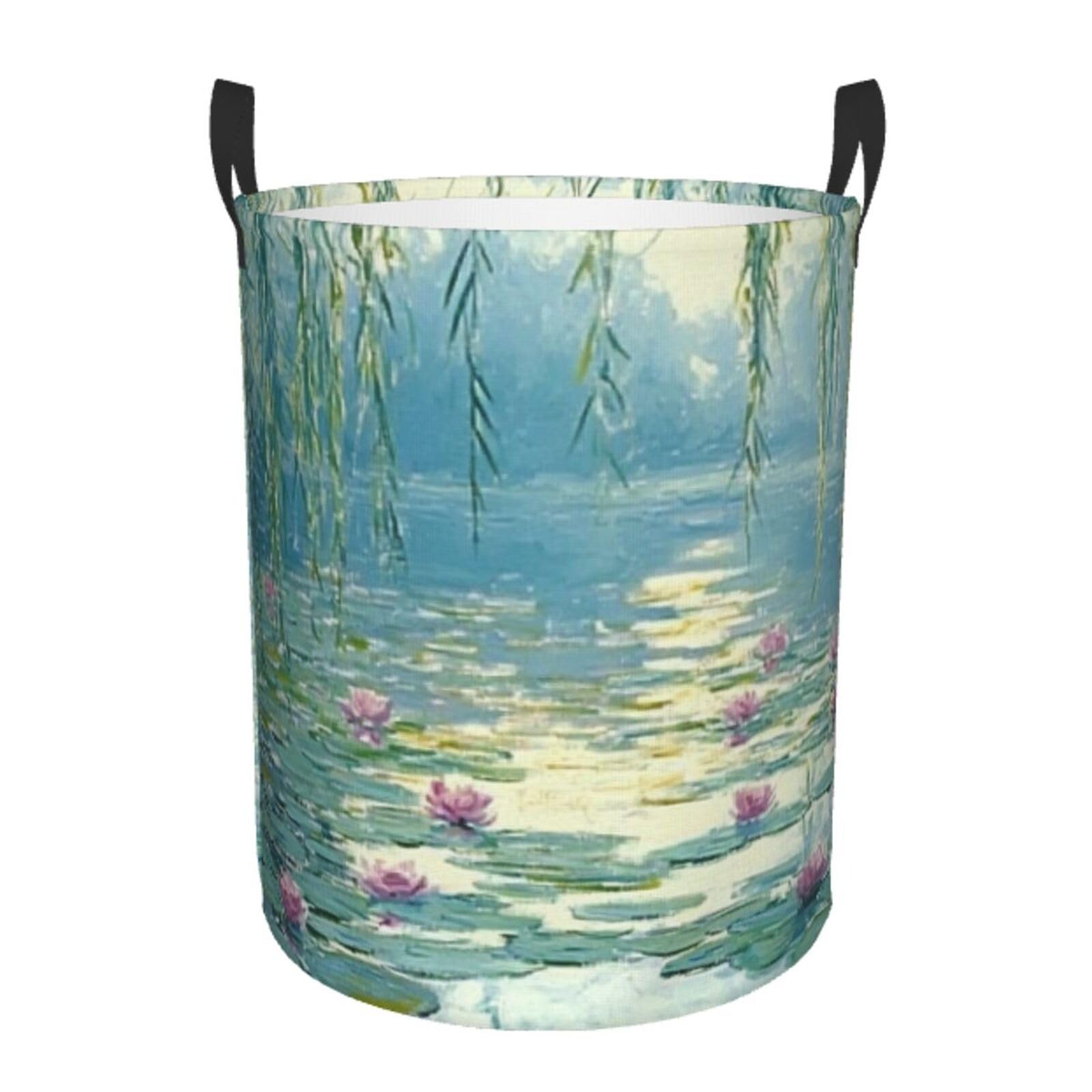 Green Willow Branches Multi-Purpose Storage Basket Water Lilies Multi-Purpose Storage Basket Lotus Flowers Breathable Laundry Hamper Laundromat Users – Easy to carry dirty laundry.