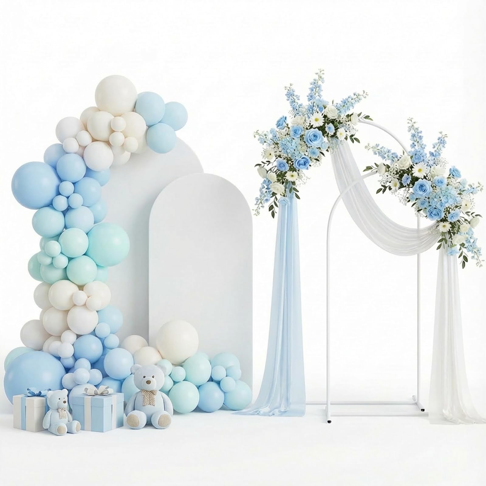 Photo 1 of Fogein Wedding Arch Backdrop Stand and Cover Set(7.3FT,6FT) Set of 2,Metal Balloon Arch Stand Frame for Wedding Birthday Party, Baby Shower,Valentines Day Decor,White