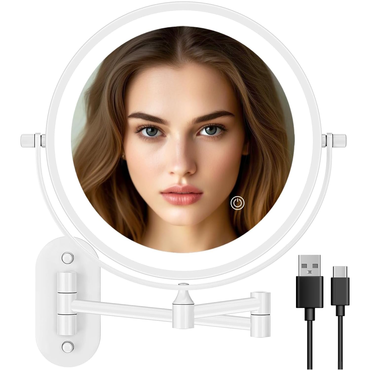 Auxmir Espejo Maquillaje con Luz Recargable, Aumento 1X/20X Doble Cara Giratorio 360, Espejo Baño Pared Extensible Táctil con USB, 3 Colores Brillo Regulable, para Hotel, Blanco