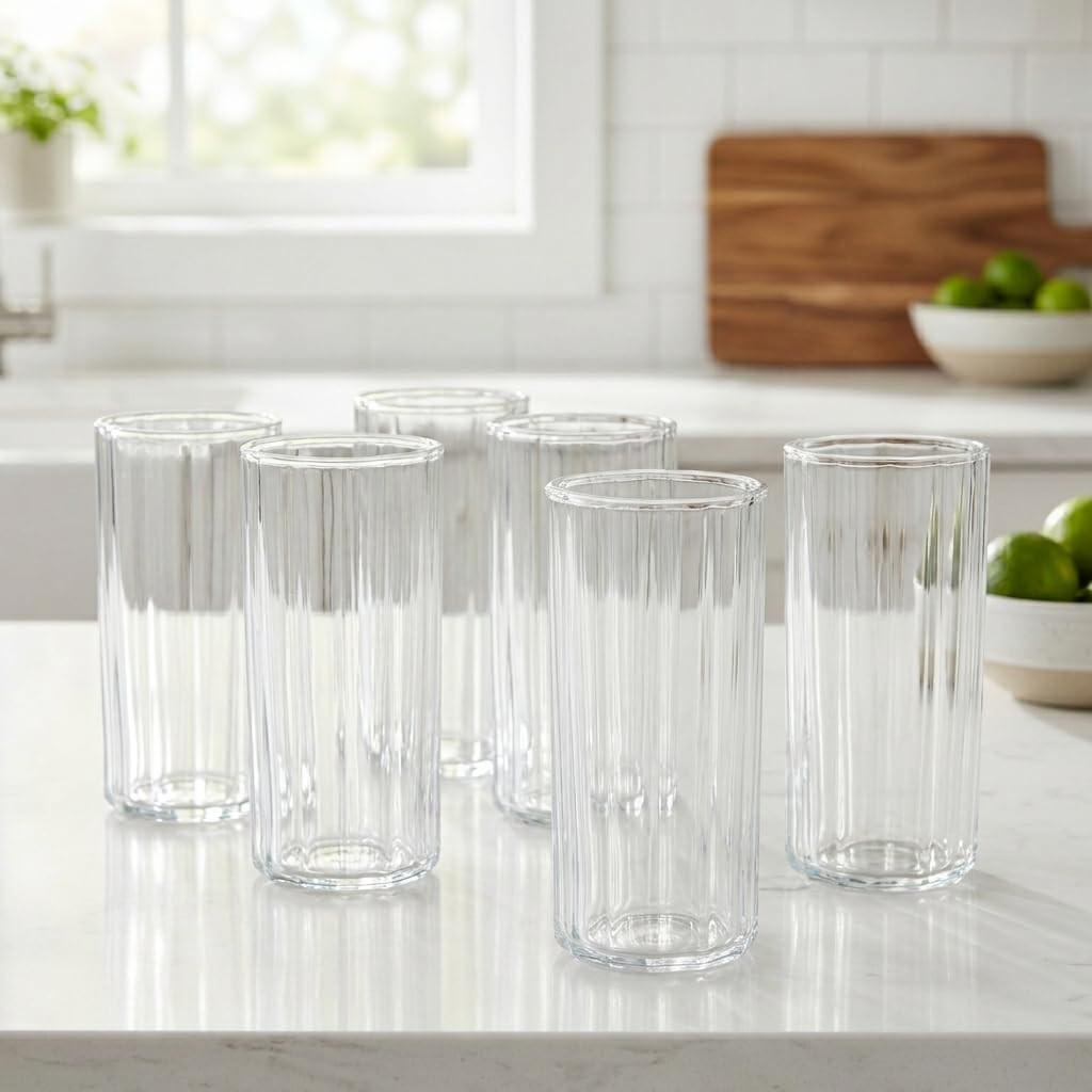 Deconox 6'lı Borosilikat Cam Bardak Seti - Isıya Dayanıklı Dikey Çizgili Su, Meşrubat ve Kahve Bardağı (360 ml)