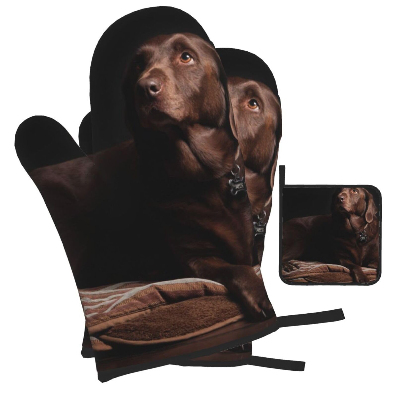 Brown Labrador Retriever Printed Oven Mitts and Pot Holders Heat Resistant Set of 3 Pcs, Modern Kitchen Gloves & Potholders for Cooking Baking Grilling