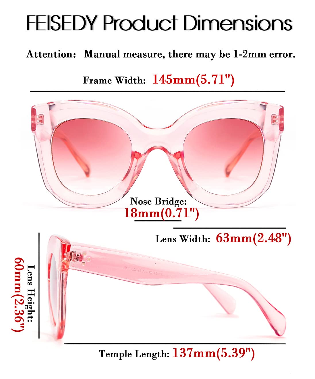 FEISEDY Retro Oversized Square Horn Sunglasses Semi Cat Eye Butterfly Glass Big Thick Bold Frame B2572