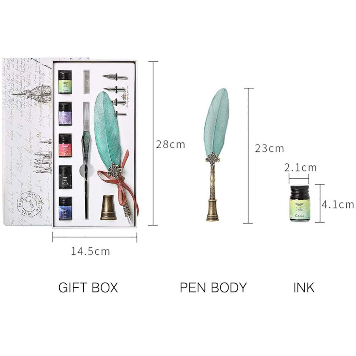 Vintage Calligraphy Pen Set With Glass Dip Pen & Feather Quill - Includes Ink Bottles, Nibs & Holder For Writing & Drawing