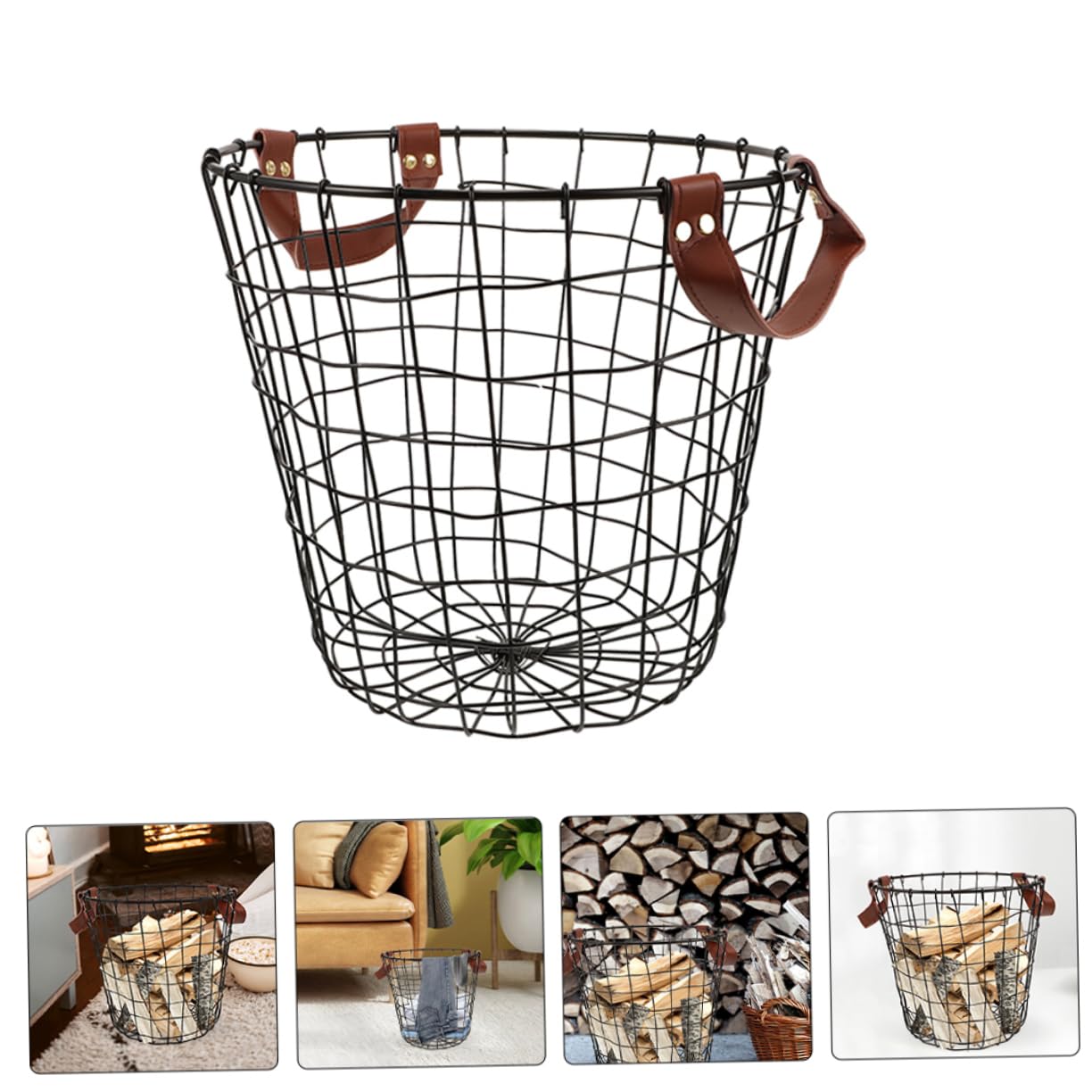 Cesto Portalegna Rotondo in Ferro con Manico Stile Rustico | Ampia Capienza, Uso in Cucina e Ambienti Domestici, Design Farmhouse Decorativo