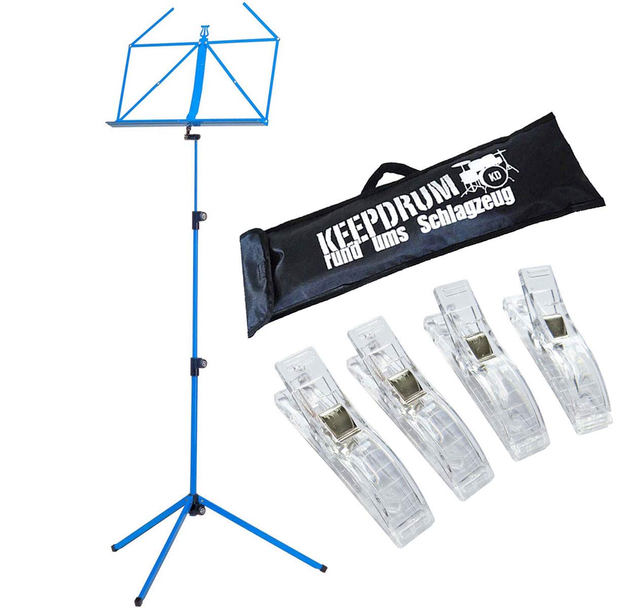 K&M 100/1 Pupitre + sac Keepdrum + 4 pinces bleu