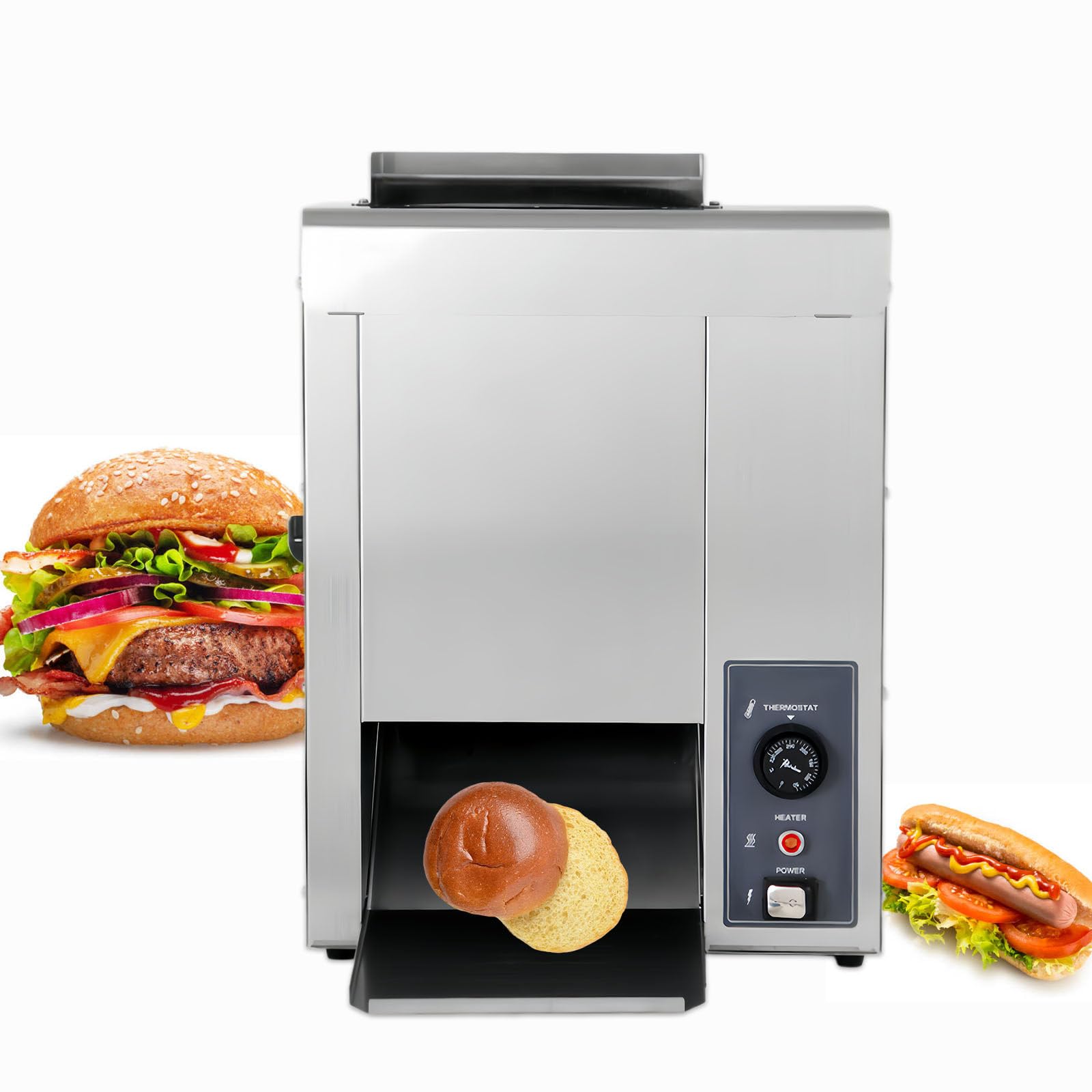 Profesjonalna Maszyna Do Hamburgerów 2000W, Opiekacz Do Bułek, Regulacja Temperatury (50-300°C) Za Pomocą Pokrętła/Import Dwurzędowy/Regulacja Grubości/Taca Ze Stali Nierdzewnej
