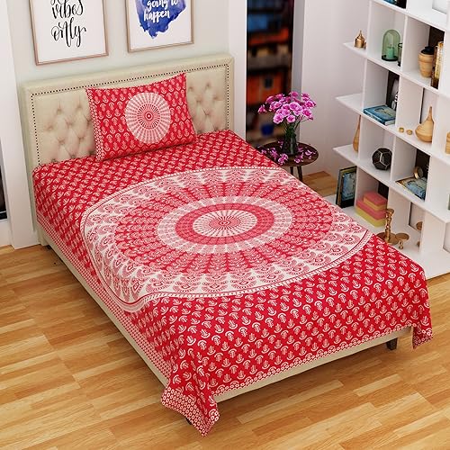 Image of RajasthaniKart Comfort Rajasthani Jaipuri Traditional Sanganeri Print 144 TC 100% Cotton Single Bedsheet with 1 Pillow Cover SB-258 (Pink)