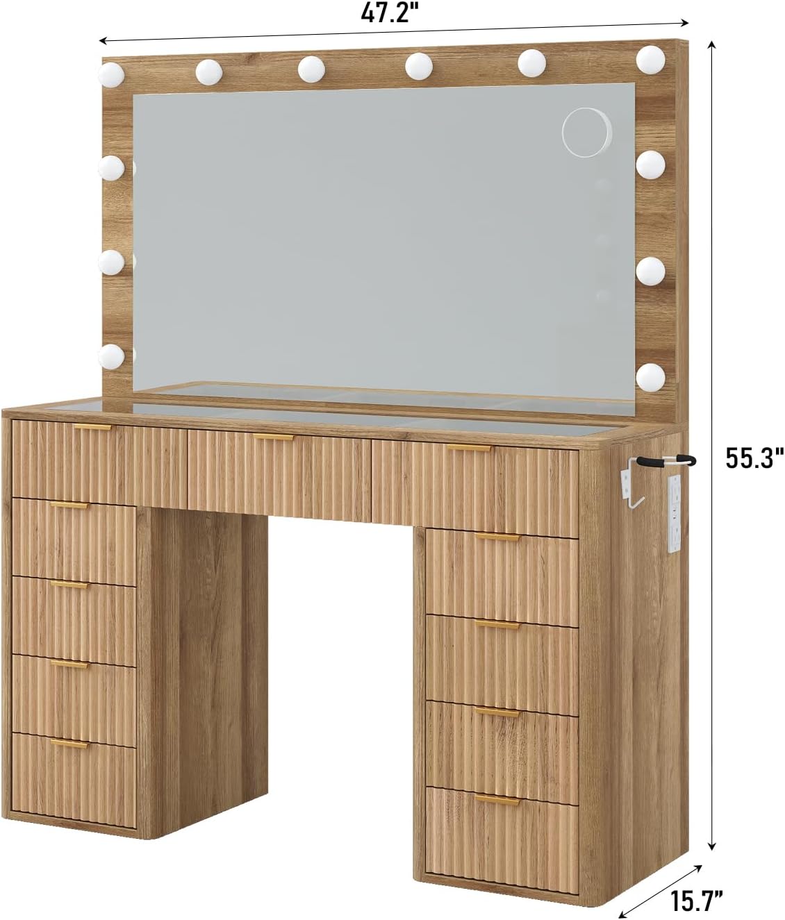 47" Vanity Desk with 3-Color LED Mirror & 11 Drawers, Fluted Makeup Vanity with Glass Top, Charging Station (2 Outlets, 2 USB), Includes Vanity Stool, for Bedroom, Natural