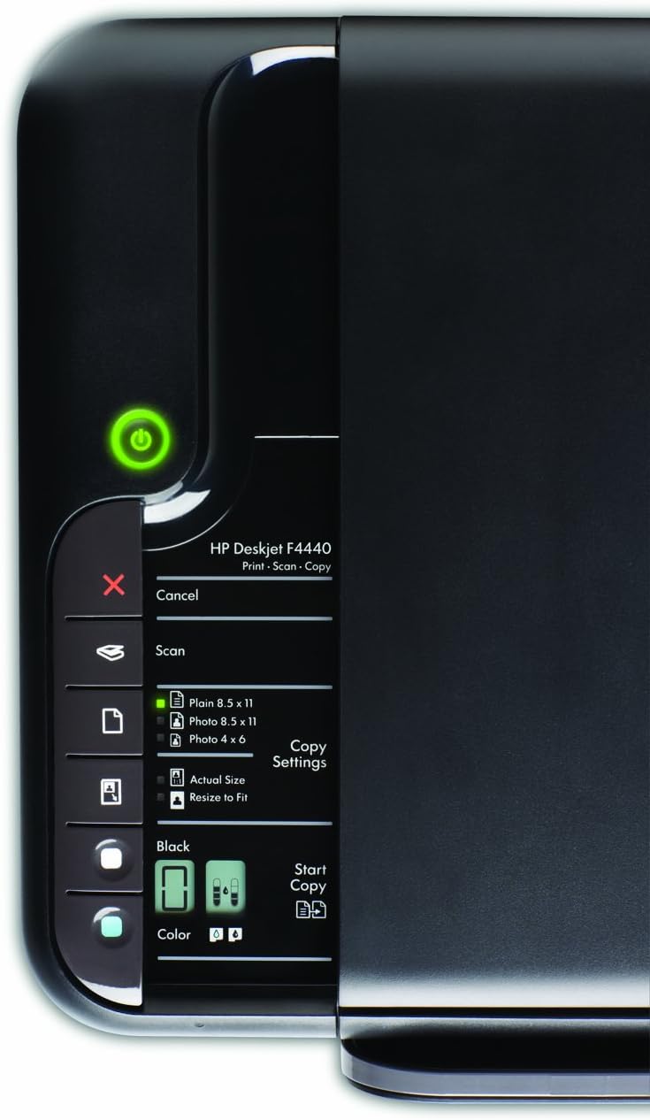 Close-up view of the HP DeskJet F4480 control panel with power, cancel, scan, and copy buttons.