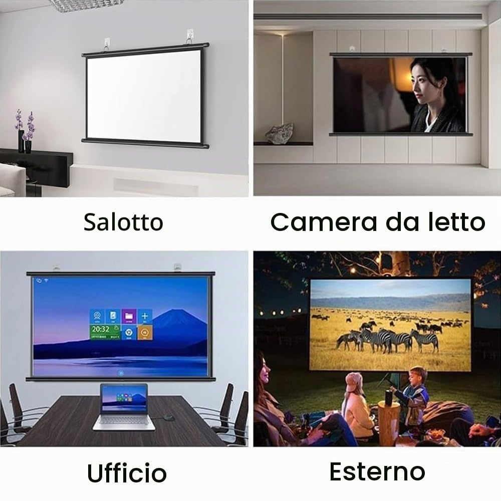 Schermo di Proiezione HD Schermo Proiettore Avvolgibile Manuale 50 Pollici 60 Pollici 72 Pollici Telo Proiettore Home Theater per Esterni Interni, Formato 16:9 4:3(72 inch (16:9))