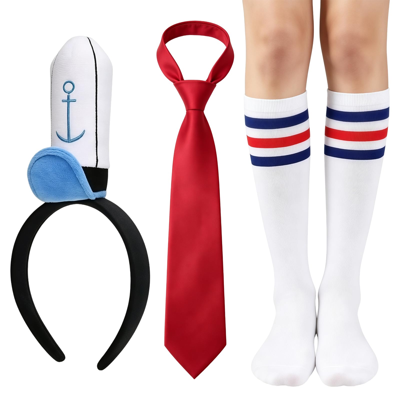 Bohue 3Pcs Halloween Sailor Costume Set Sailor Headband with Anchor Cap Red Neck Tie and Socks Cartoon Costume Accessory for Men Women