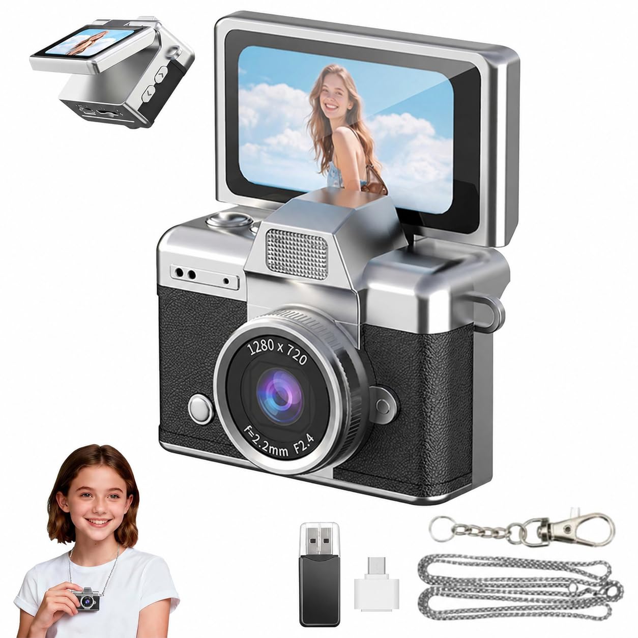 Mini Keychain Camera | Retro Digital Camera with 1.47 Inch IPS Flip Screen | Portable Pocket Camera with 6 Filters (Black)-image-17