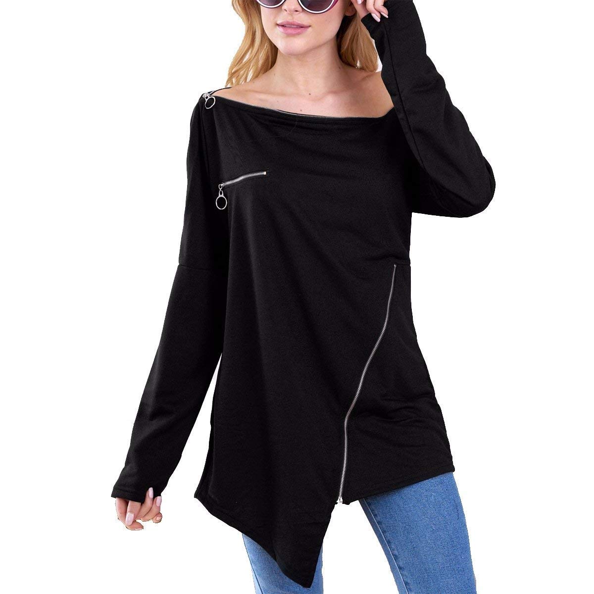 Damska bluzka carmen moda topy z odkrytymi ramionami kobiety nieregularne czyste ubrania kolor koszulka z długim rękawem topy jesień, Czarny, XL