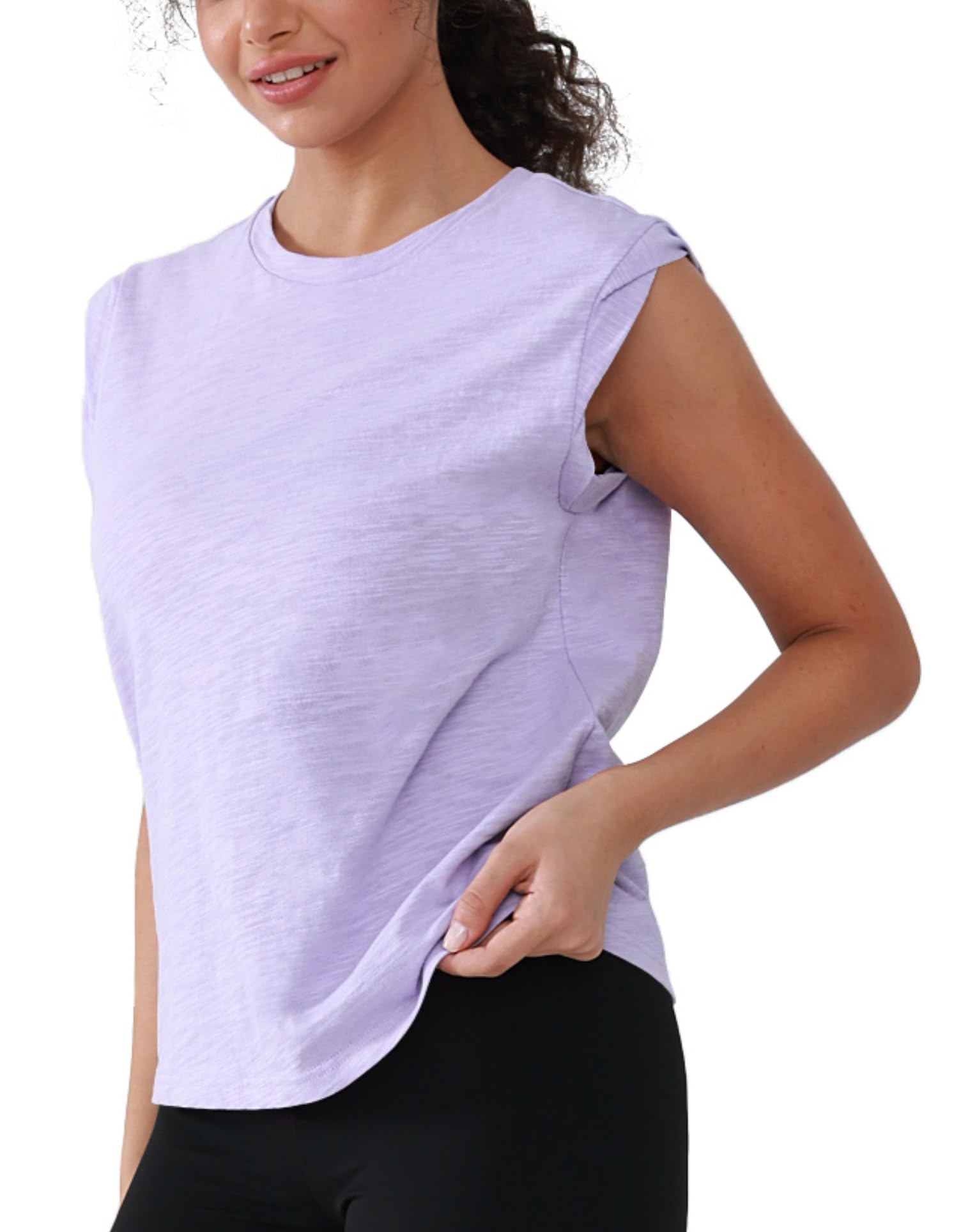 Women's 100% Cotton Tank Tops Sleeveless Workout Tops Yoga Shirts with Rolled Sleeve 4-Way Stretch for Gym Running Causal