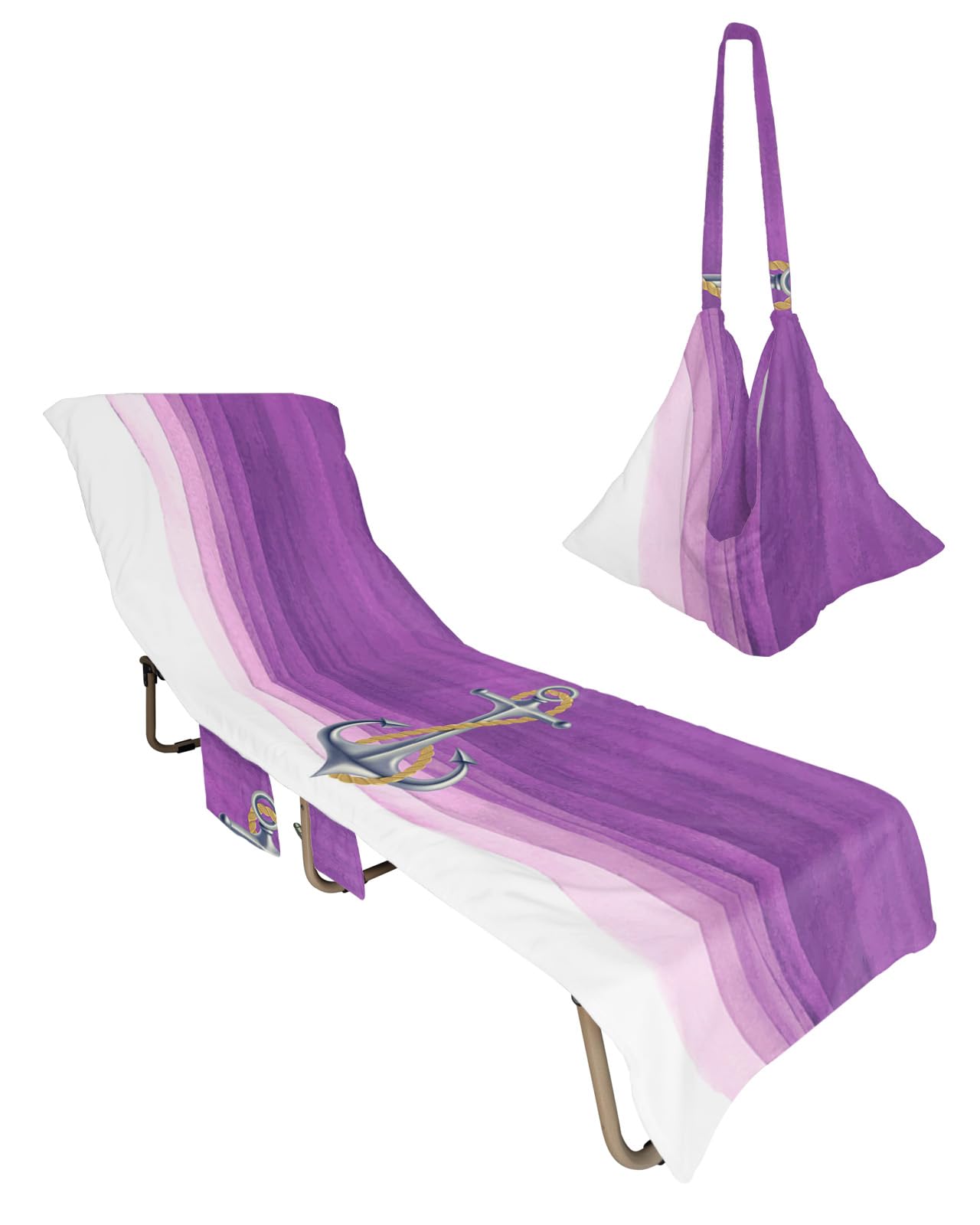 Purple Anchor, Beach Lounge Chair Towel Cover, Soft Chaise Lounge Towel with Side Pockets Patio Pool Chairs Cover for Beach/Pool Sunbathing 29x85 Summer Ocean Sea Abstract Geometric Stripes