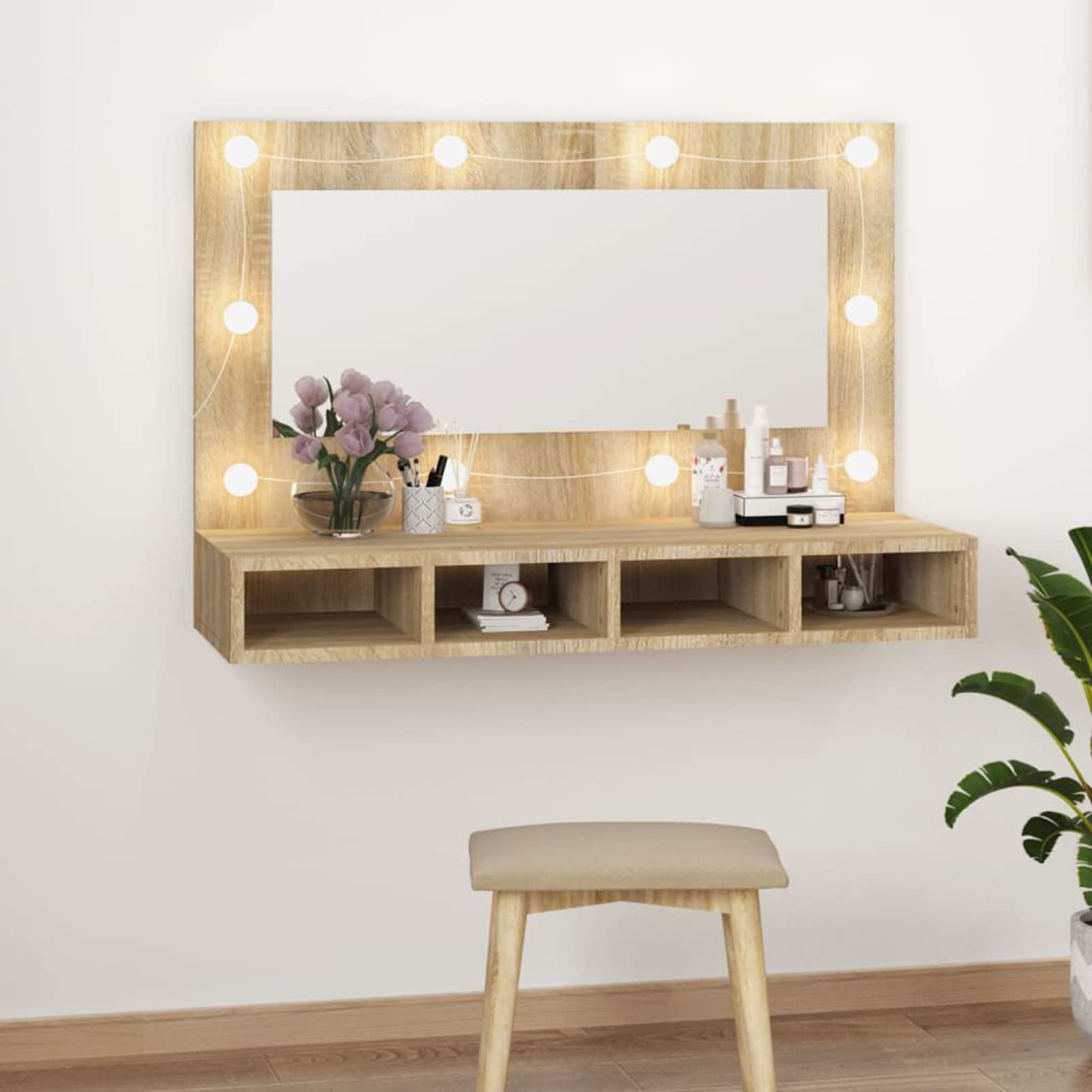 Szafka z lustrem LED dąb Sonoma 90 x 31,5 x 62 cm szafka z lustrem łazienka z oświetleniem, skośne lustro do łazienki, lustro łazienkowe
