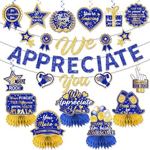 Image of We Appreciate You Decorations, Navy Blue & Gold Thank You Banner, Employee Appreciation Table Decorations & Hanging Swirls for Pastor Appreciation Events