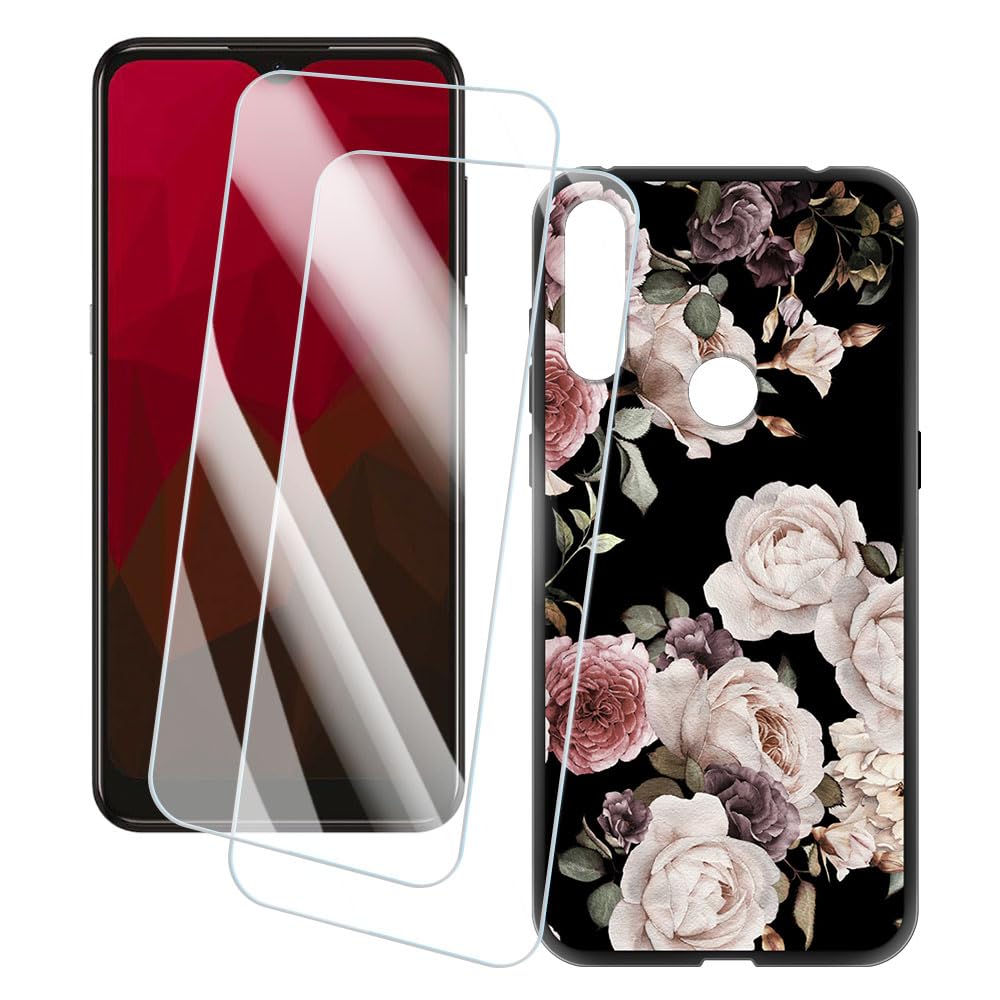 2 Pack Screen Protector + Case Compatible with Vodafone Smart V11 (6.22 inch) Case Artistic Custom Printed Cover and Tempered Glass Film Anti-Scratch (Flowers)