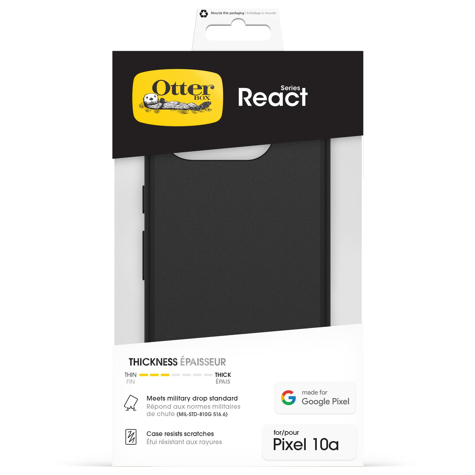 Otterbox Funda React Series para Google Pixel 10a Resistente a Golpes y caídas,Ultra-Fina, Protectora,Testada con los estándares Militares anticaídas, Negro