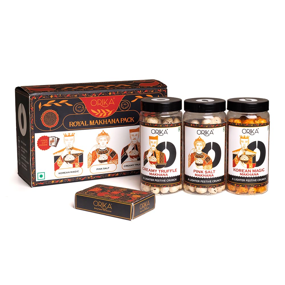 Orika Royal Makhana Gift Box | Korean Magic, Creamy Truffle & Pink Salt Flavored Makhana with Premium Playing Cards | Luxury Healthy Snack Gift Hamper