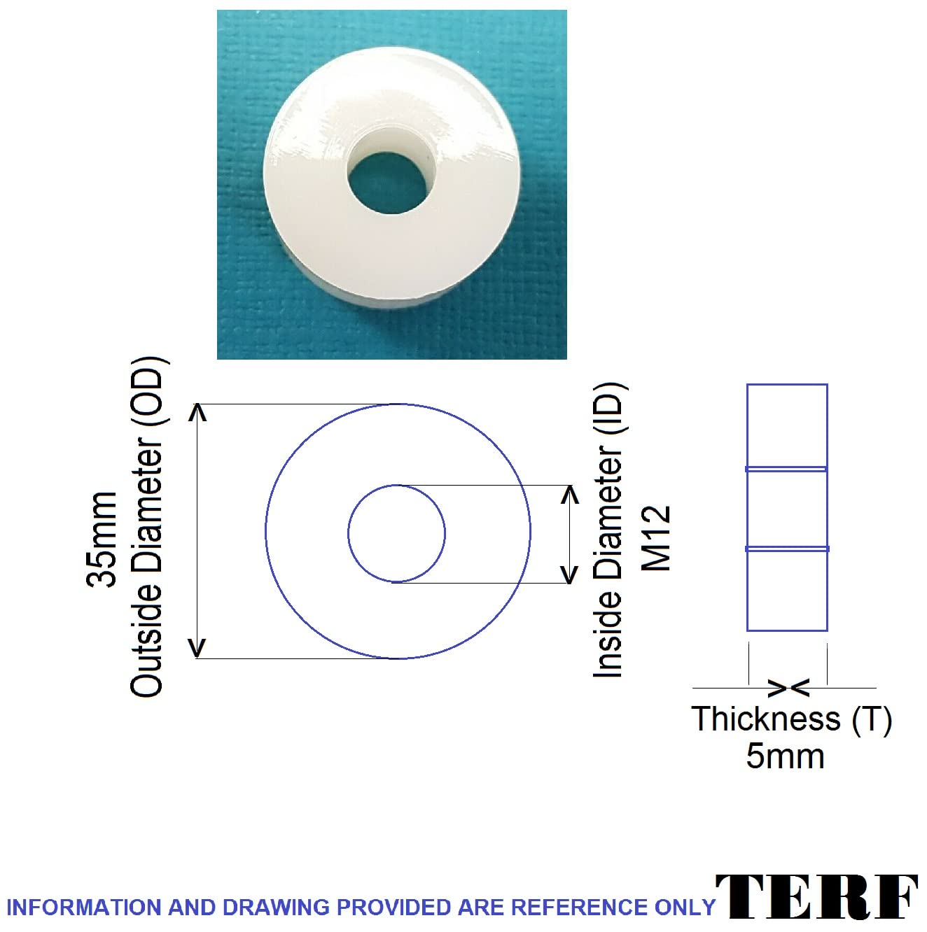 TERF® White Nylon Spacer Washer M12 (12mm) X 35mm X 5mm Nylon Spacer Washers Size: 12mm Inside Diameter (Hole) X 35mm Out Side Large Diameter X 5mm Thickness - Image 4