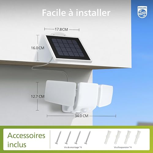 Philips Lampada di sicurezza solare 3600LM, impermeabile e dimmerabile con sensore di movimento LED per esterno, 3 teste orientabili con cavo da 5 m, pannello solare separato con 3 modalità - 8