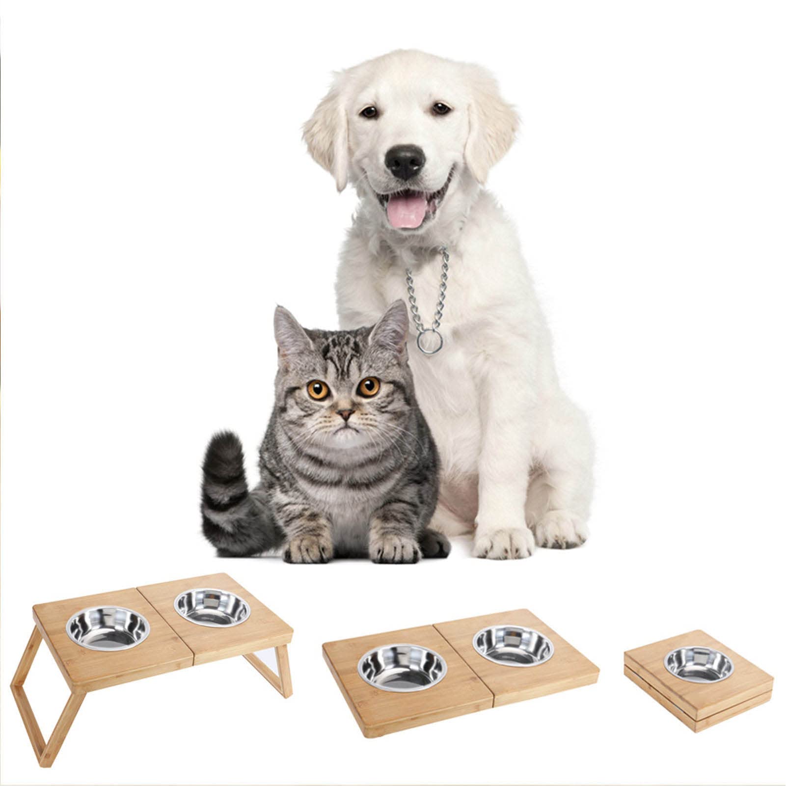 Comederos Elevados para Perros Comedero Gato Elevado, Comedero Elevado, Comedero Elevado, Acero Inoxidable Doble con Soporte de Bambú, Impermeable