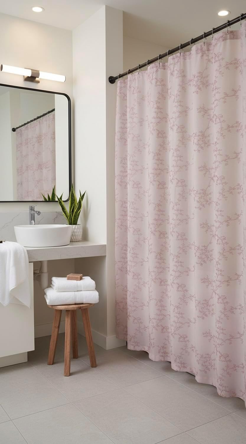 Serafina Home Decorative Sheer Fabric Shower Curtain for Bathroom: Embroidered Botanical Design Metallic Silver Lined (Blush/Blush)