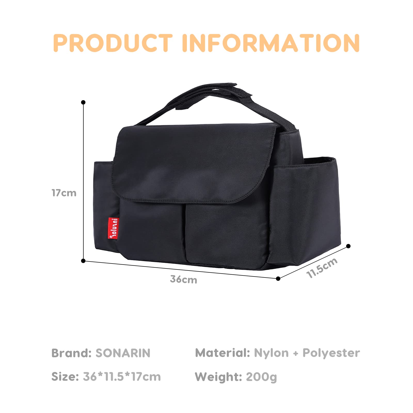 SONARIN Étanche Sac de Rangement pour Poussette,Grande Capacité Organisateur de Poussette Landau Multifonctionnel Universel Sac de Rangement pour Landau avec Porte-Gobelets(Noir)
