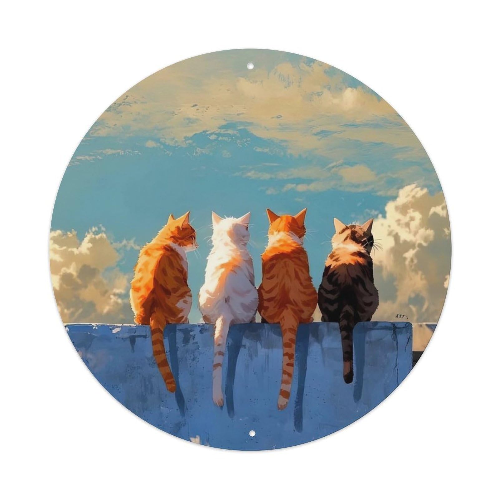 Cwbufd Vintage Style Animal Cats On A Wall Watching Colorful Sunset Clouds Serene Vintage Metal Tin Sign Plaque Wall Decor For Cafe, Club Bar, Office, Garden Metal Poster 8X8inch