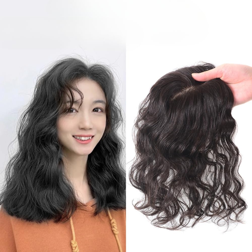 5.1×5.9inch Silk Base Fluffy Curly Hair Wiglet Clip in 100% Real Human Hair Topper For Women Thin Hair (Natural black,25cm middle part)