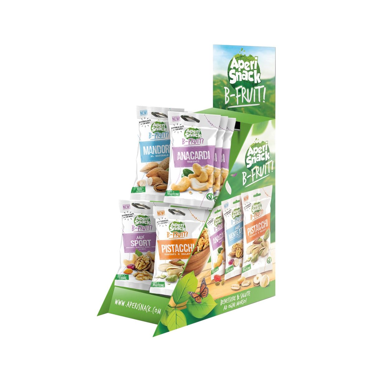 Aperisnack B-Fruit AP07.001.09 - Espositore da 80 snack, espositore da Banco di Frutta Secca 100% Naturale B-Fruit - Contiene 80 Bustine Monodose da 25 g