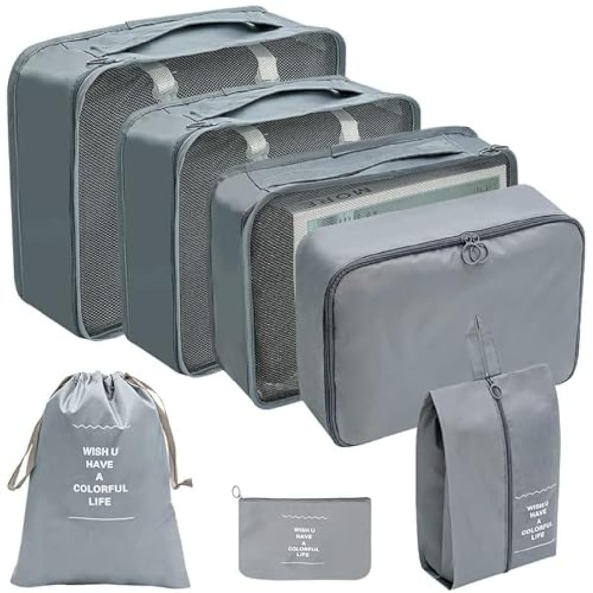 Gelimy Grey Packing Cubes For Suitcase, 7Pcs Travel Cubes Luggage Organiser Waterproof Travel Compression Suitcase Bag Travel Essential Bag (Grey)