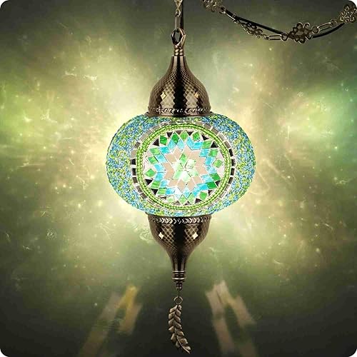 Miniatura 10 de Yarra-Decor Lámpara colgante turca marroquí con cable de 15 pies, exquisita lámpara de techo de mosaico estilo Tiffany para dormitorio, sala de