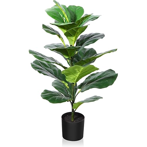 CROSOFMI Artificial Fiddle Leaf Fig Tree 35 Inch Fake Ficus Lyrata Plant with 28 Leaves Faux Plants in Pot for Indoor Outdoor House Home Office Garden Modern Decoration Perfect Housewarming Gift