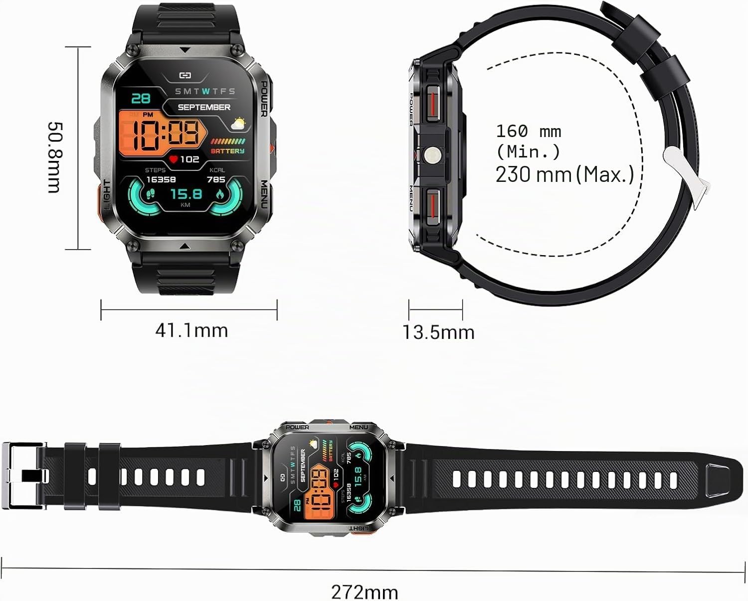 IOWODO Militär Smartwatch Herren,100 Tage Akku, LED Taschenlampe, Bluetooth-Anrufe, Kompass, 100+ Sportmodi, Herzfrequenz- & SPO₂-Monitor, IP68 Wasserdicht, Schlafüberwachung