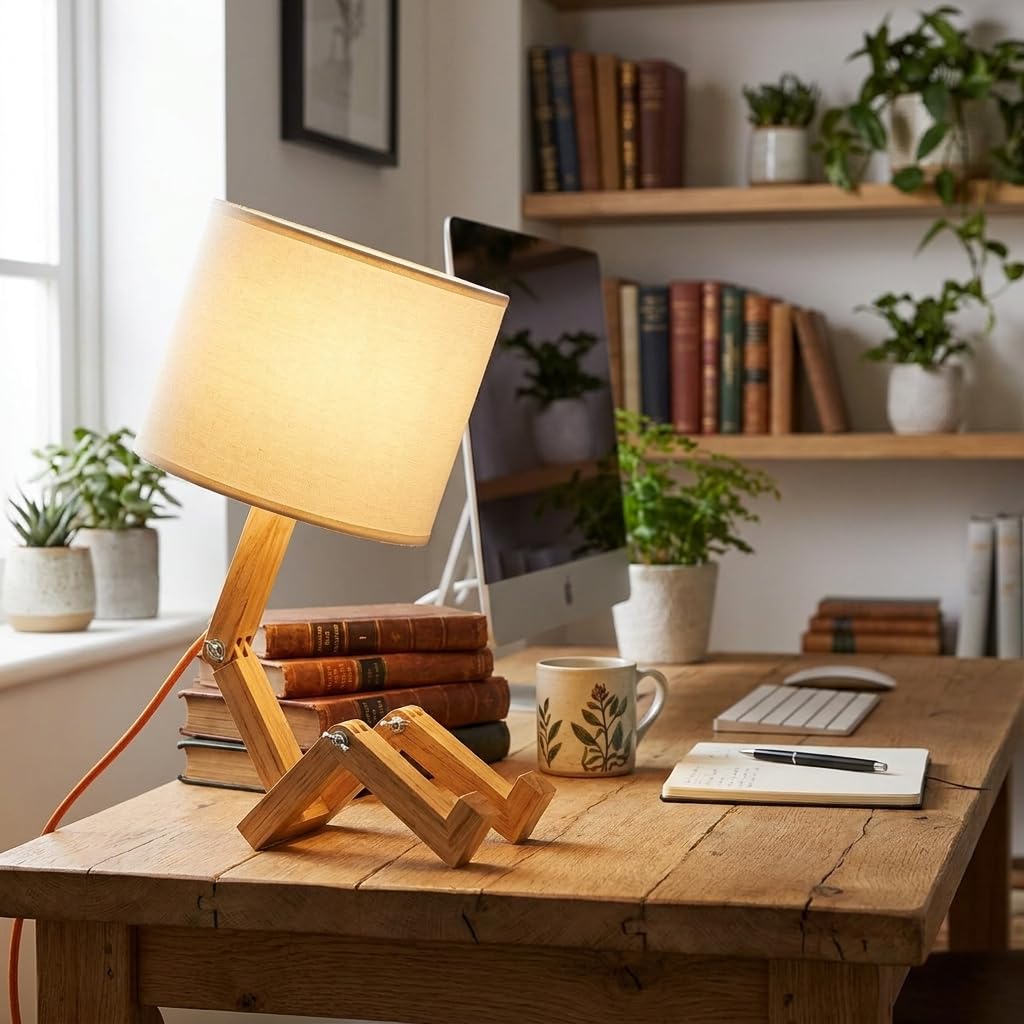 BARCELONA LED YOKI Holz Tischlampe Gelenkig, Skandinavische Schreibtischlampe im Figuren Design mit Weißem Stoffschirm, E27 Nachttischlampe für Schlafzimmer, Büro und Wohnzimmer