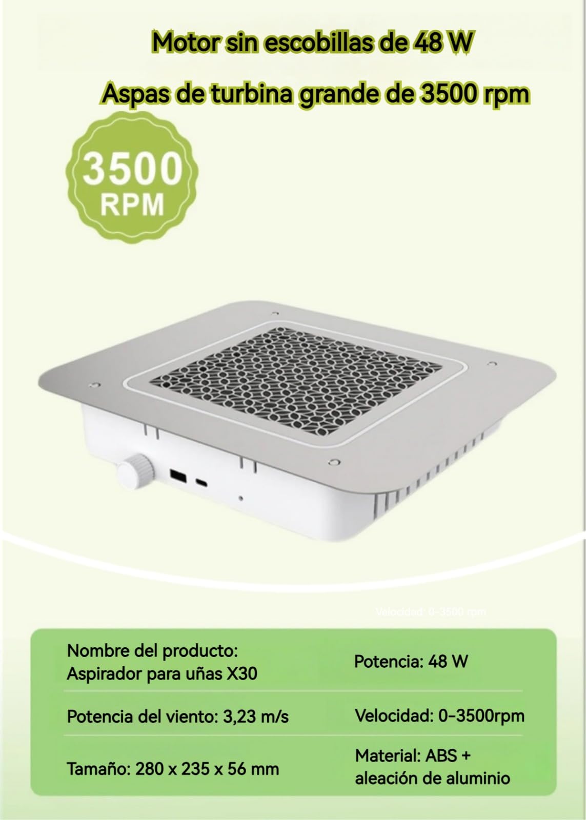 Herramienta de manicura aspirador de uñas empotrable 48W, 3500 rpm, limpieza de polvo