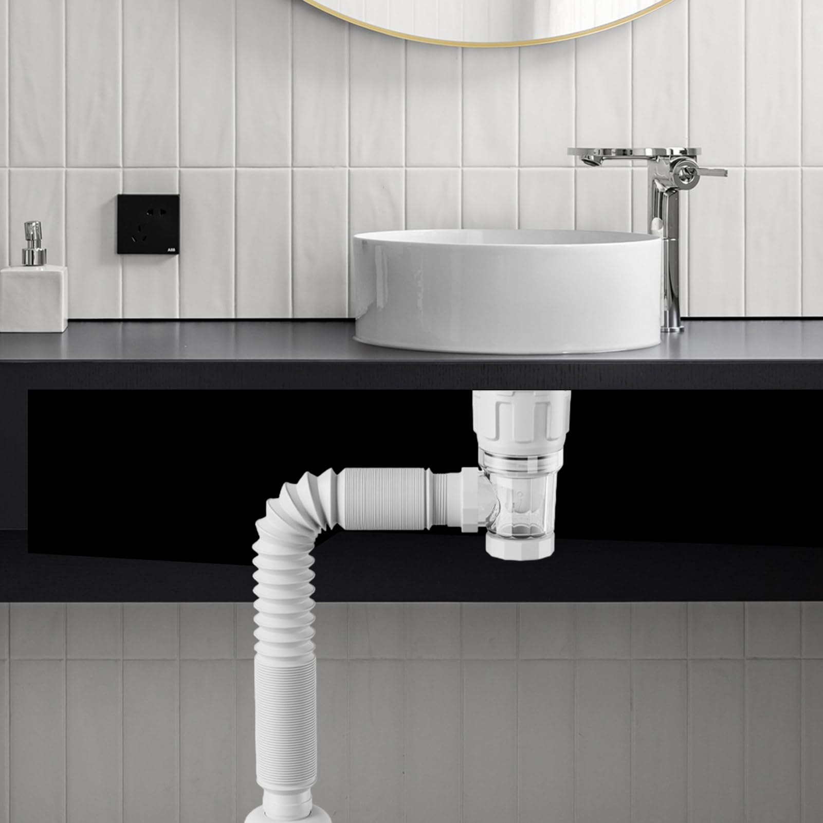 Sifone Lavabo Flessibile - Universale, Estensibile 300-730mm, Con Anello Silicone Antiodore