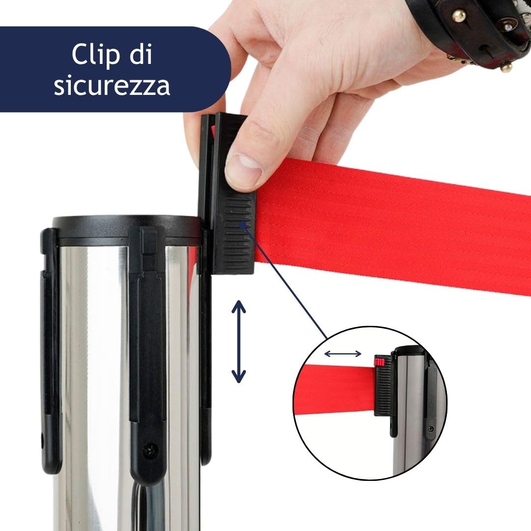 Danieli - Colonnina Segnapercorso con Nastro Estensibile Fino a 3 Metri. Acciaio Cromato Lucido, Base Conica (Rosso)