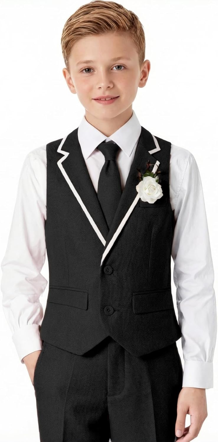 DOISPON Boys Suit Kids Tuxedo Slim Fit 5 Pcs Shirt Vest Pants Set for Teens Dress Clothes Wedding Outfit with Tie and Bow Tie