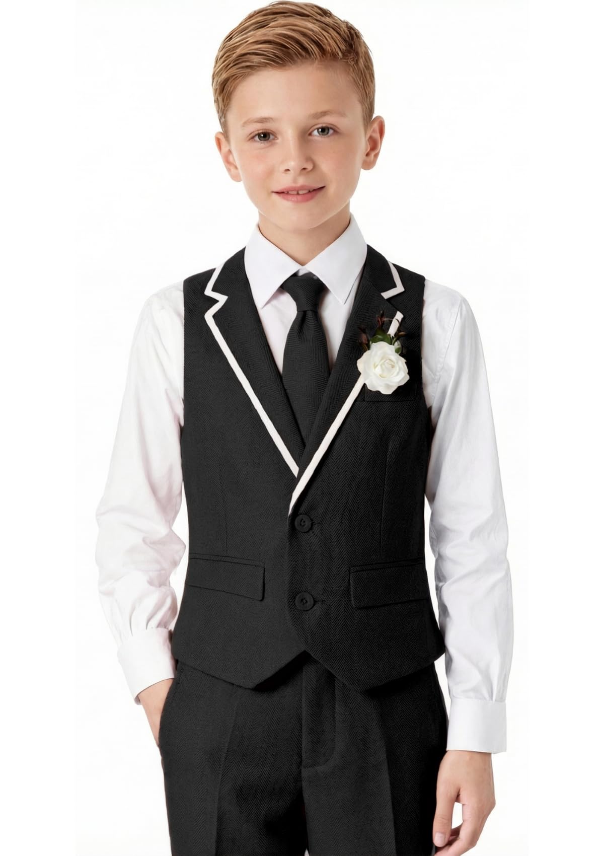 DOISPON Jungenanzug für Kinder, Smoking, schmale Passform, 5-teiliges Set, Hemd, Weste, Hose, Set für Teenager, Kleid, Kleidung, Hochzeits-Outfit mit Krawatte und Fliege