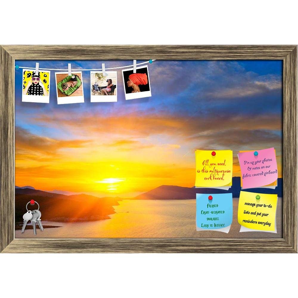ArtzFolio Sunset Over Mediterranean Sea | Bulletin Board Notice Pin Board | Vision Soft Board Combo with Thumb Push Pins & Sticky Notes | Antique Golden Frame | 17.5 x 12 inch (44 x 30 cms)
