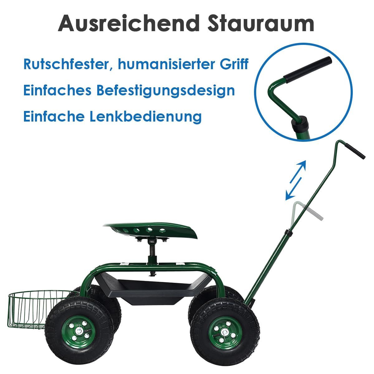 COSTWAY Rollsitz mit Rollen, Gartenwagen mit ausziehbarem Griff & Korb, 360 ° drehbar | höhenverstellbar| bis 150kg, fahrbarer Gartensitz, Gartenrollsitz für Gartenarbeit, Grün (96,5x47,5x47-55cm)