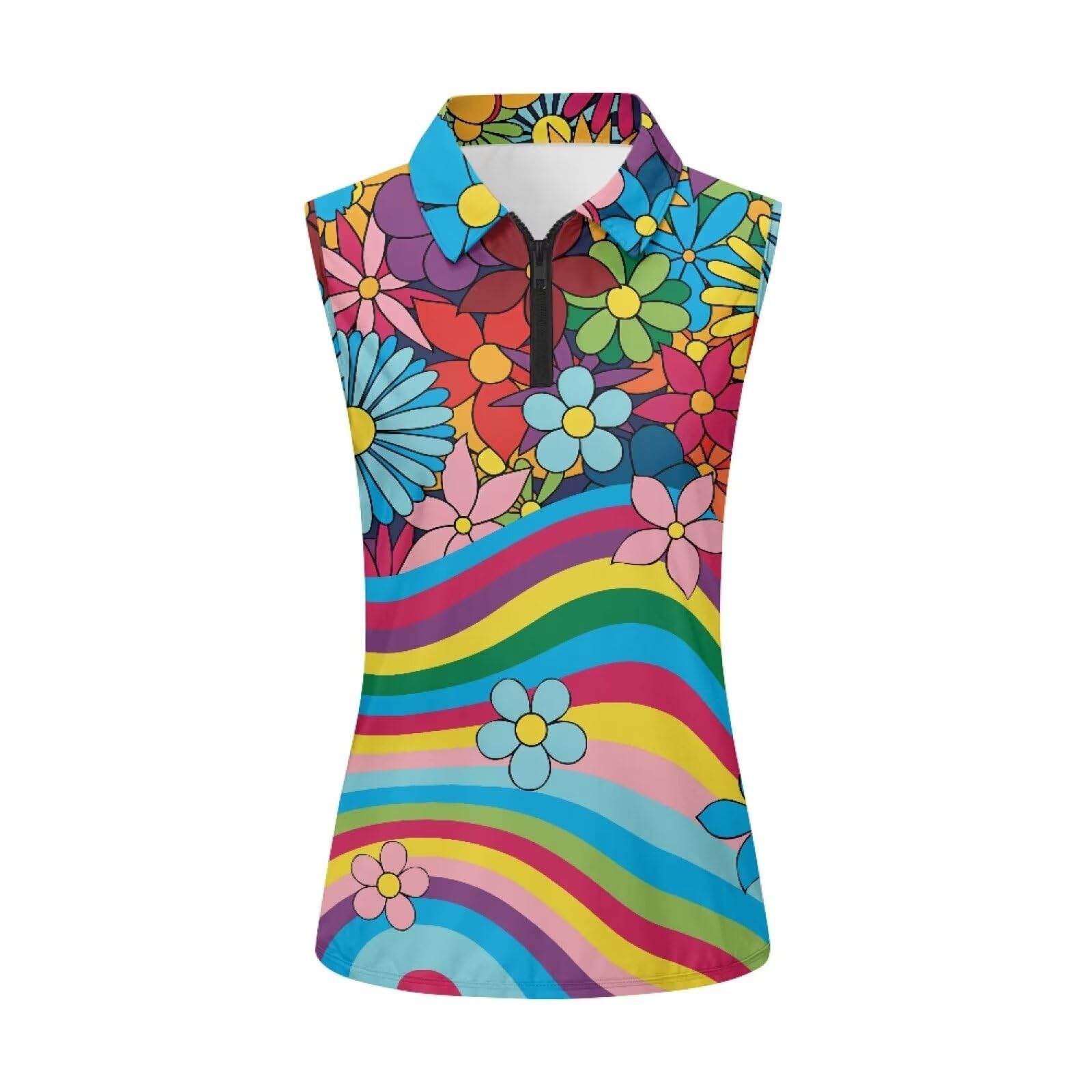 Spowatriy Hippie Flower Sleeveless Golf Shirts for Woman Zip Up Outfits Golf Tank Tops Plus Size