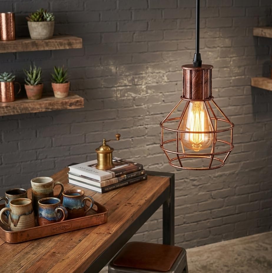 LEDSone Retro Vintage Industrial Wire Basket Cage Pendant Light Shade, Rustic Red Easy Fit Ceiling Light with E27 Holder & 90 cm Adjustable Cable, Hanging Lamp for Home Décor & Improvement