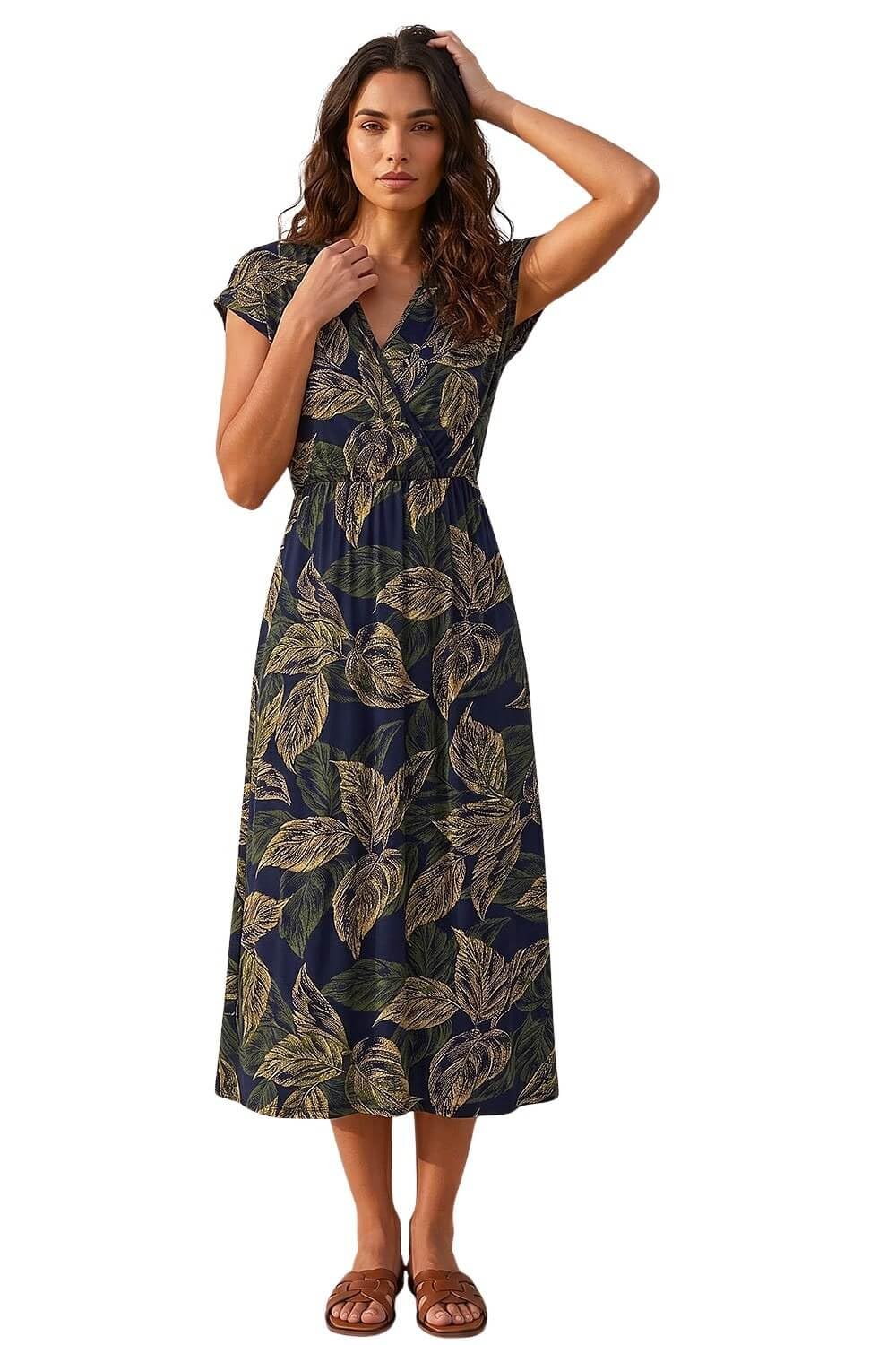 Roman Women's Navy Leaf Print Midi Wrap Dress In Size 20